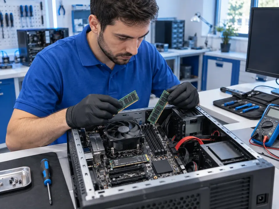 Professional check of computer RAM, NVMe SSD, and connections