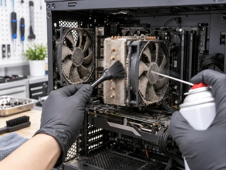 Professional cleaning of a dusty desktop cooling system