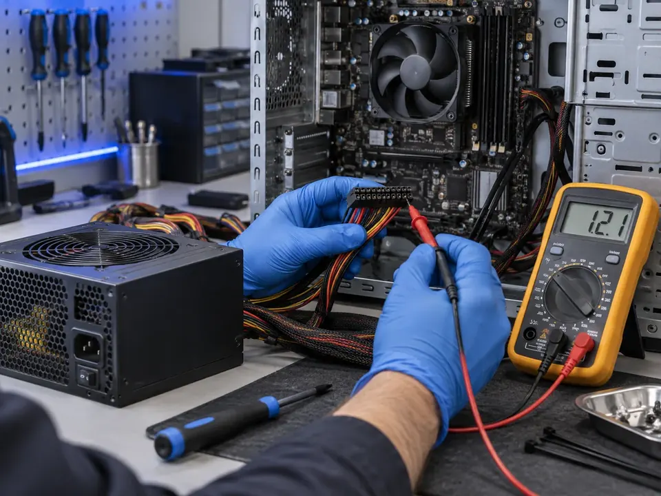 Desktop power supply and motherboard diagnostics using a multimeter
