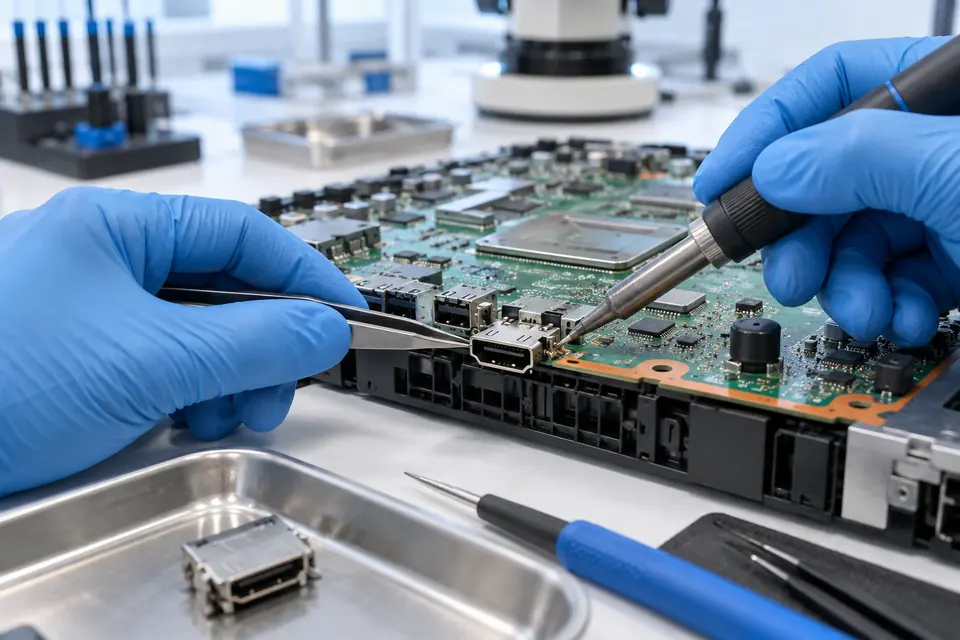 Professional console HDMI port replacement under a microscope