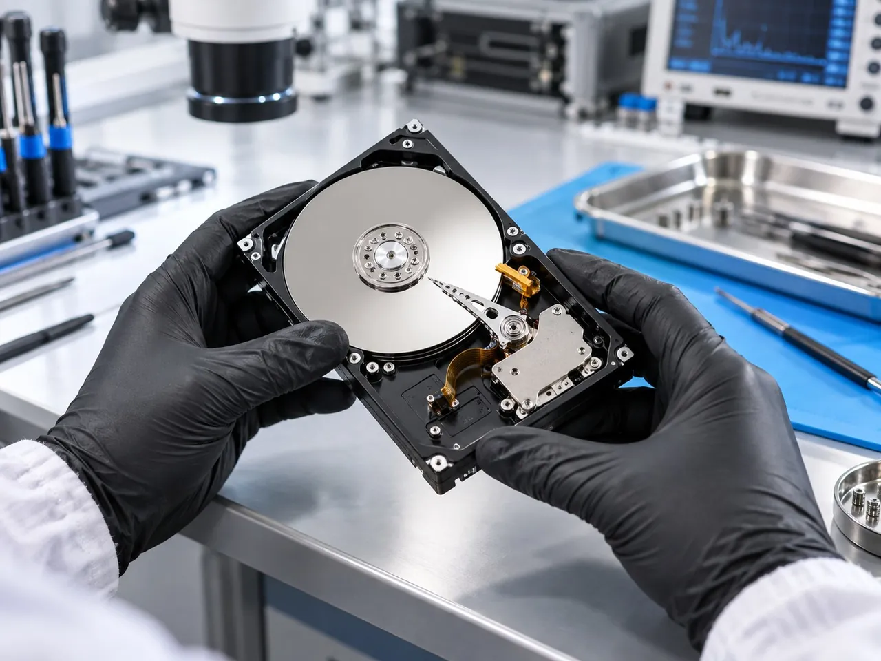 Professional inspection of the heads and platter of an opened hard drive