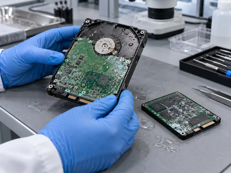 Inspection of HDD and SSD storage damaged by water and corrosion