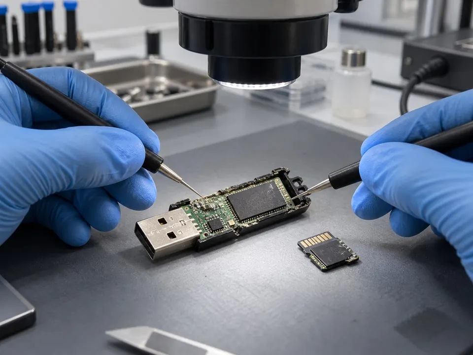 Microscopic diagnostics of a USB flash drive and microSD memory