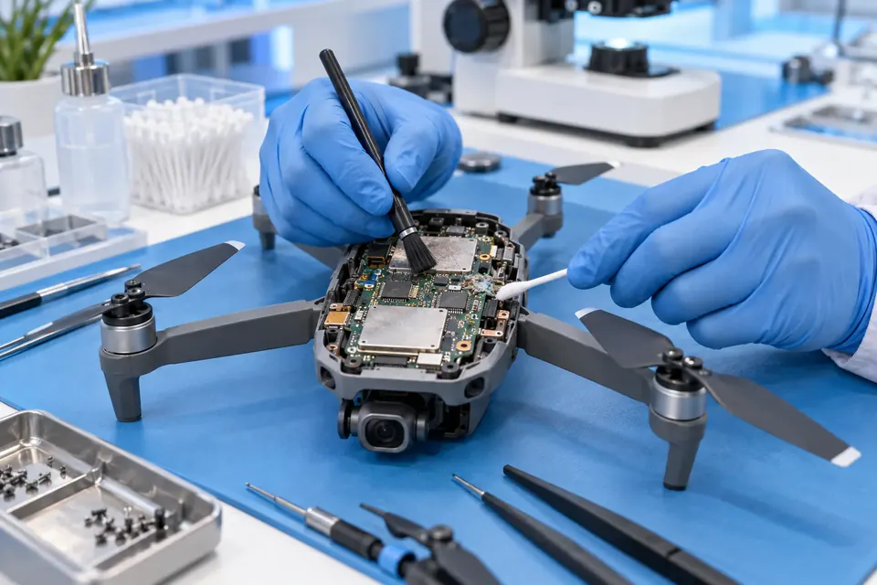 Professional cleaning of a water-damaged drone circuit board