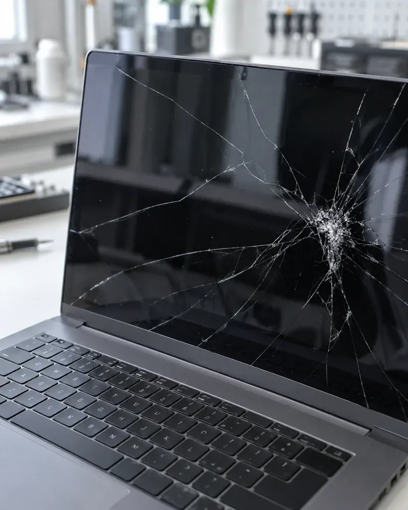 Damaged and cracked laptop screen