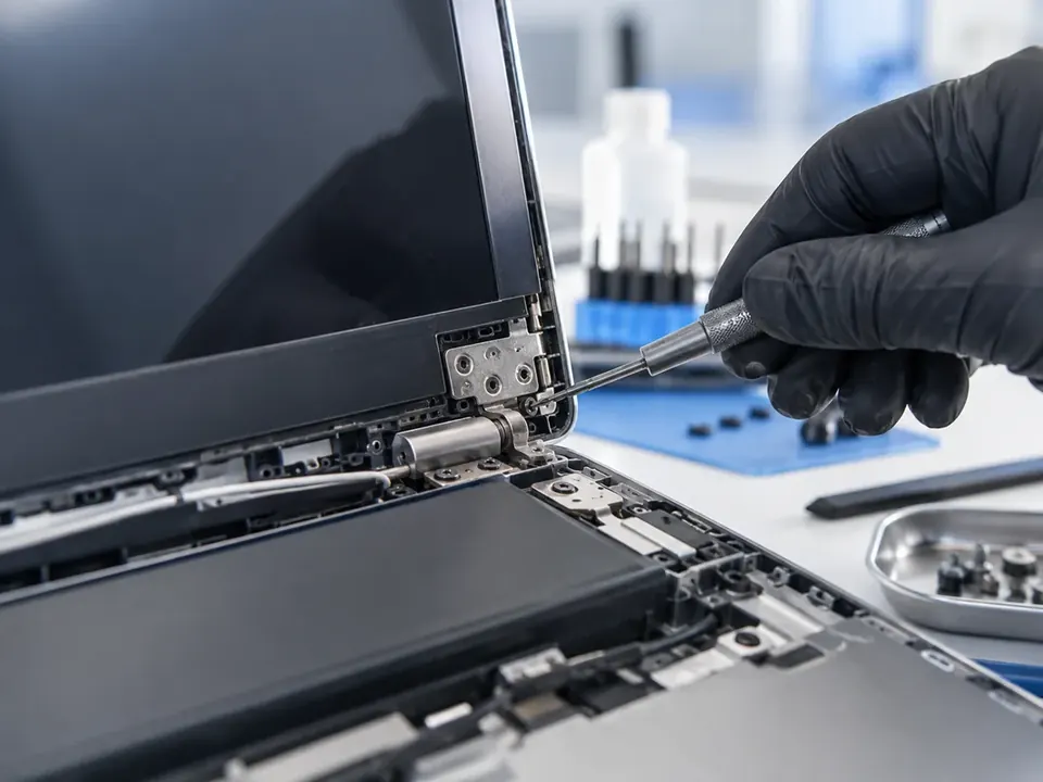 Repair of a damaged laptop case and screen hinge