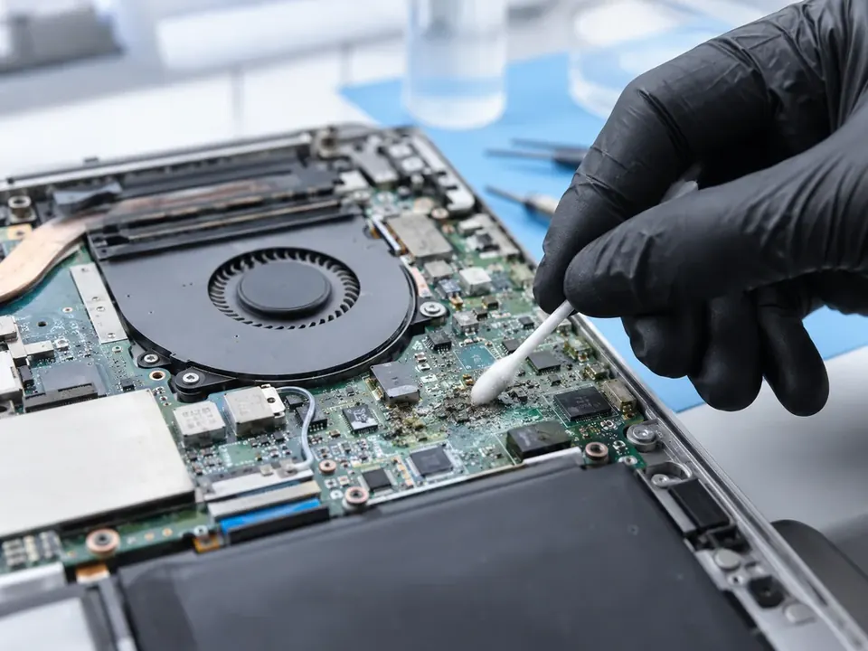 Professional cleaning of a liquid-damaged laptop board