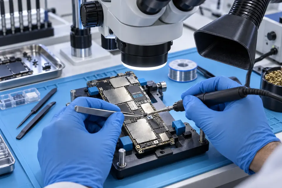 Smartphone motherboard microsoldering under a microscope