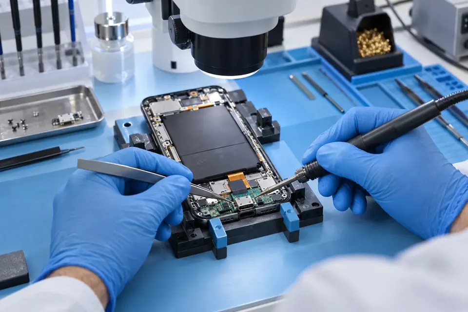 USB-C charging port microsoldering on a mobile phone