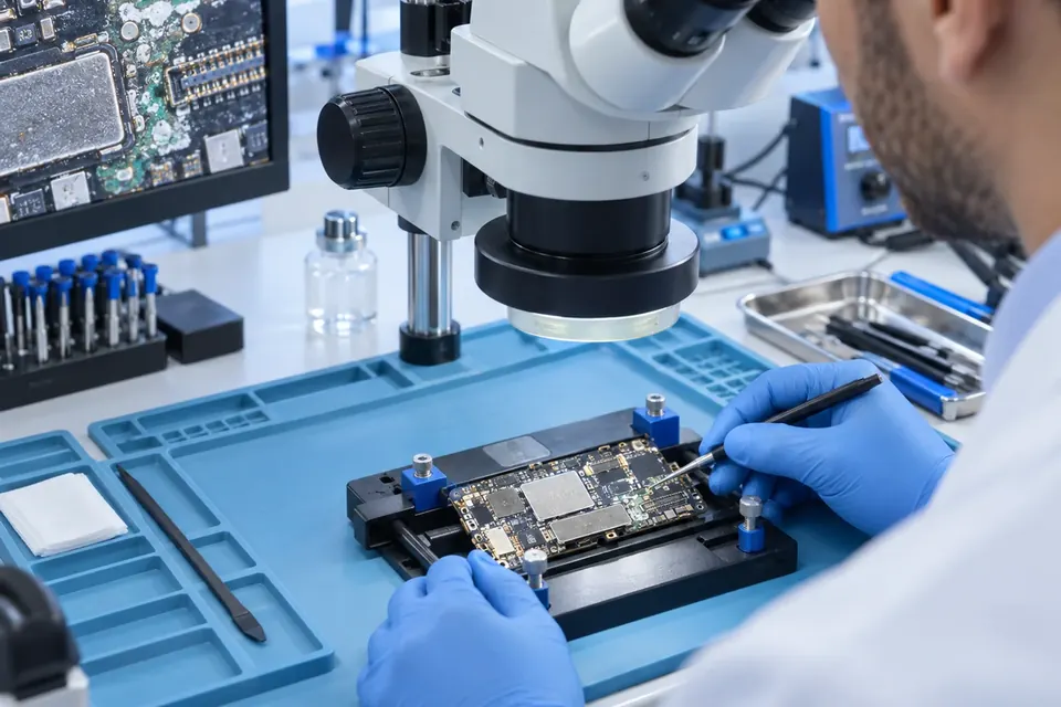 Microscopic cleaning of a water-damaged smartphone motherboard